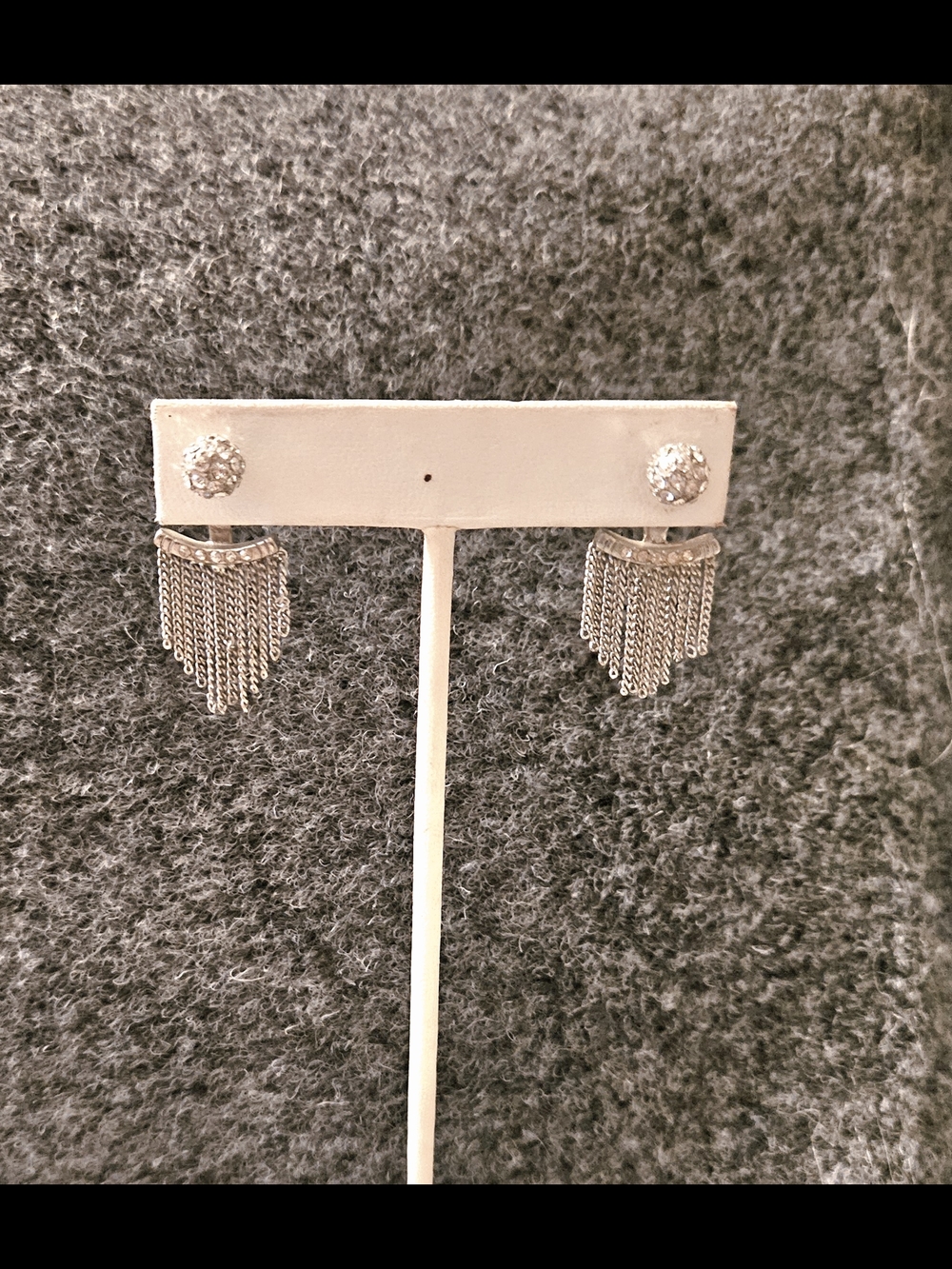 Silver Fringe Drop Ear Jacket Earrings with Crystal Studs